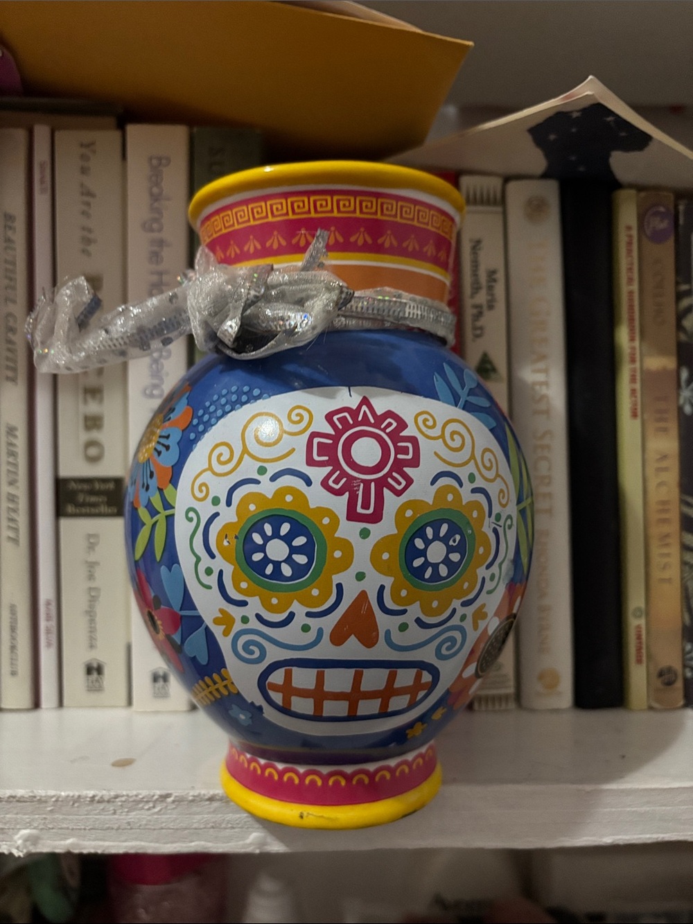 Colorful Day of the Dead Sugar Skull Vase - Blue & Yellow